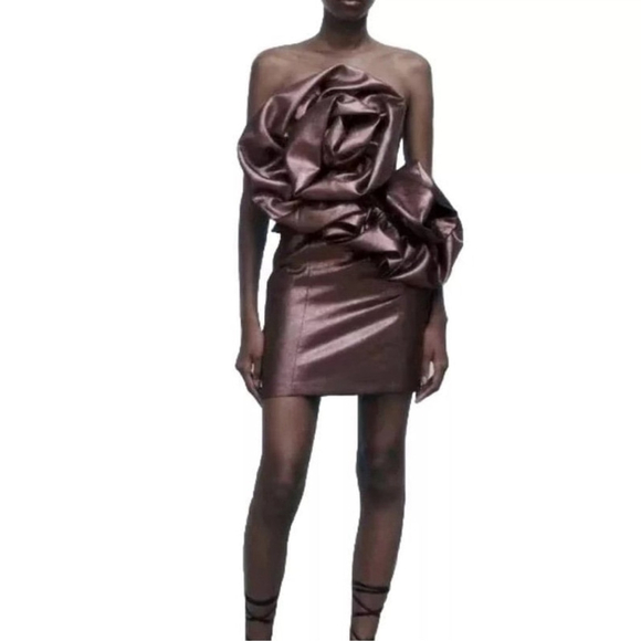 Zara Voluminous 3D Fabric Flower Strapless Metallic Lace Up Back Mini Dress Sz S - Picture 1 of 15